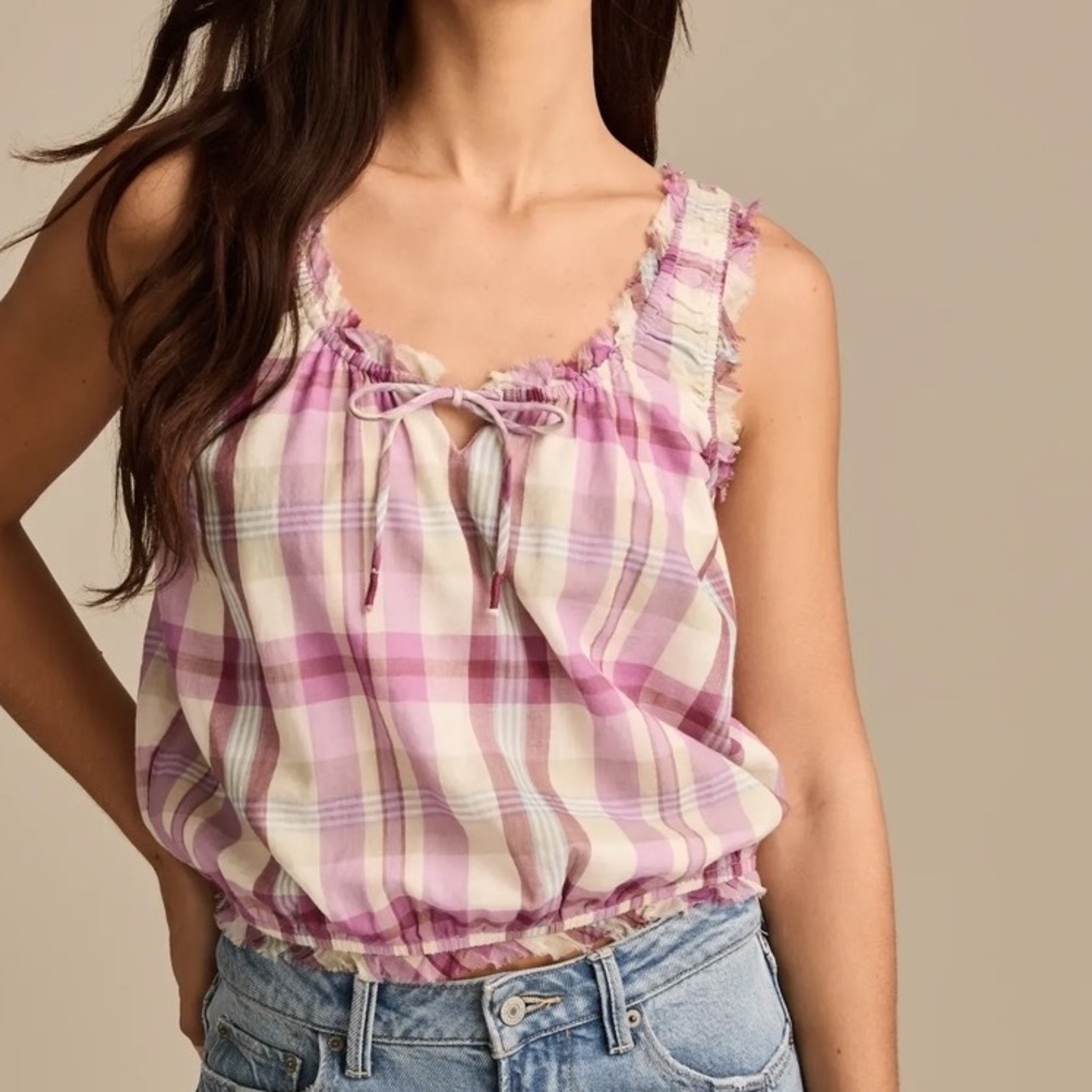 Lucky Brand Pink & Cream Plaid Tie-Front Sleeveless TANK Top WOMEN SIZE XXL